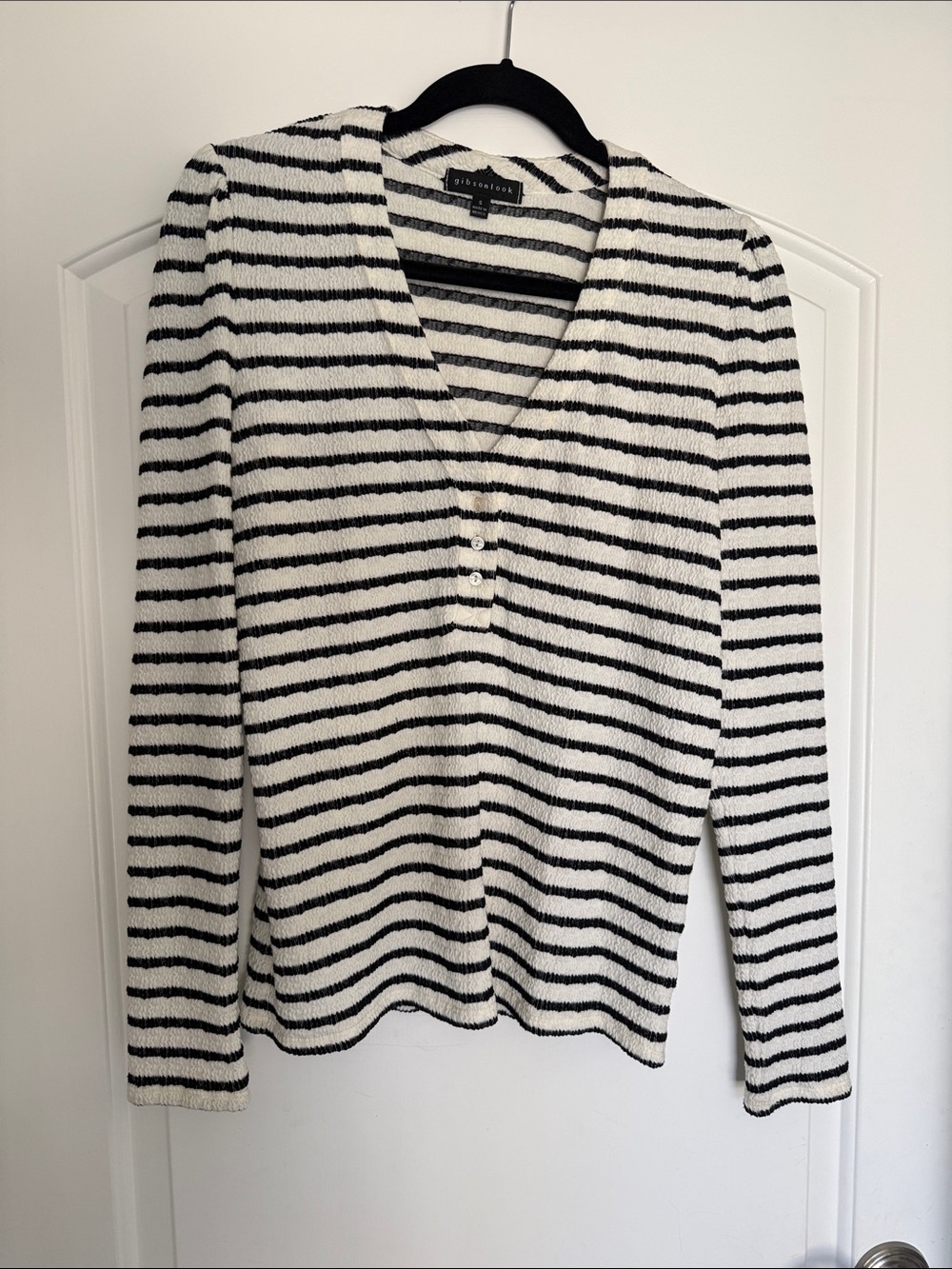 Gibson Black and White Striped V-Neck Henley Sweater